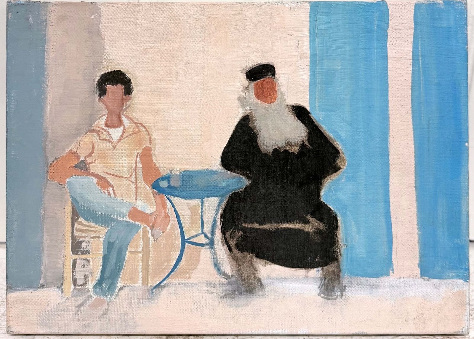 Two Figures At A Café With Bearded Cleric Man French Modernist Oil Painting photo furniture