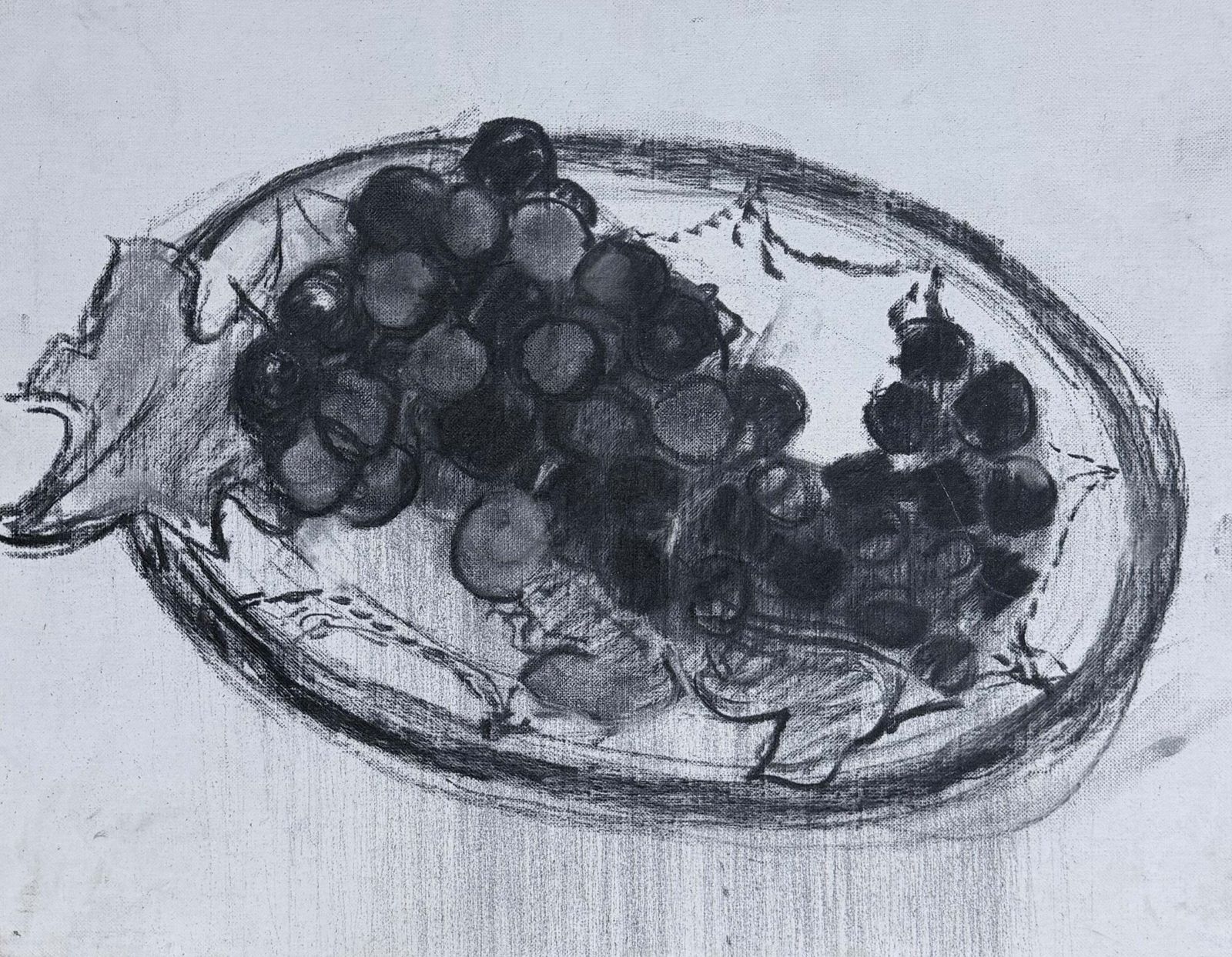 Black And White Still Life Of Grapes French Modernist 20th.C Charcoal Painting