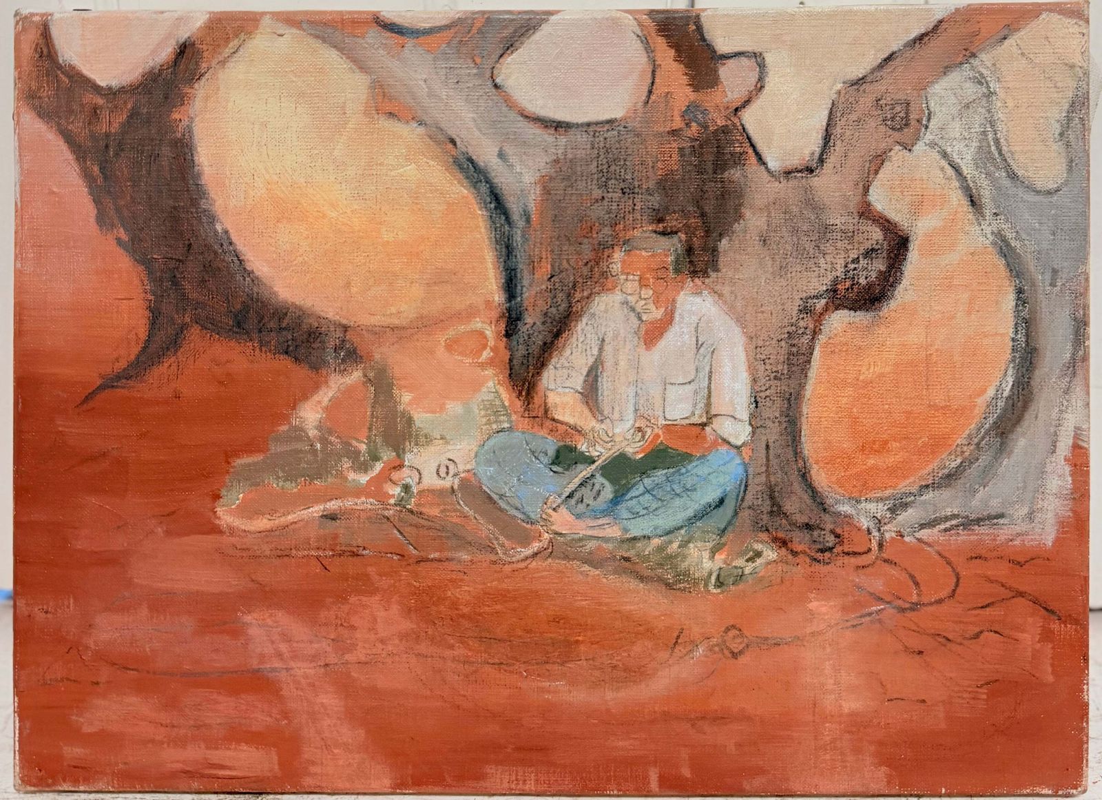 Artisan au travail sous un arbre en automne, peinture moderniste française, XXe siècle, huile sur toile photo furniture