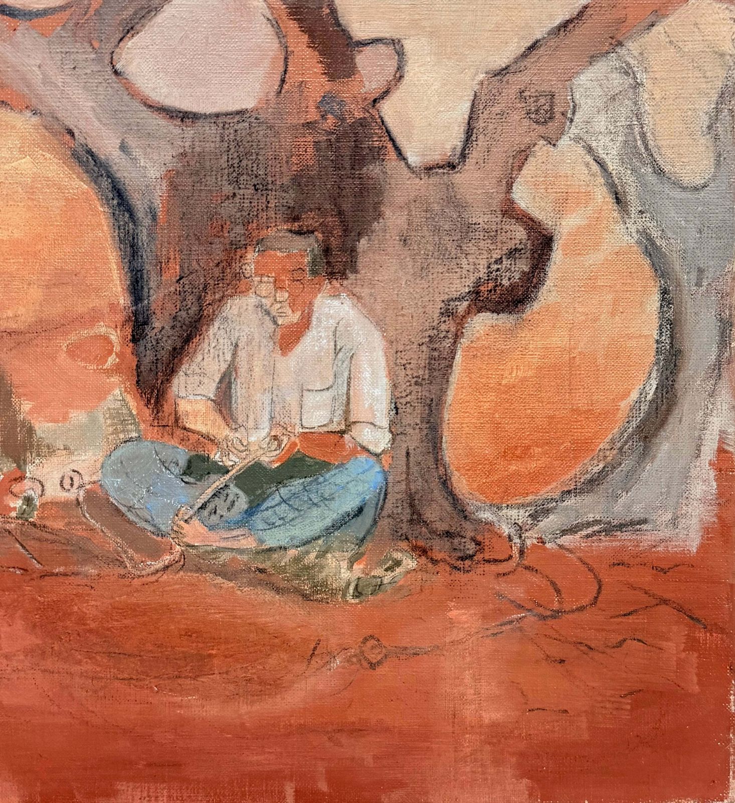 Artisan au travail sous un arbre en automne, peinture moderniste française, XXe siècle, huile sur toile photo for sale