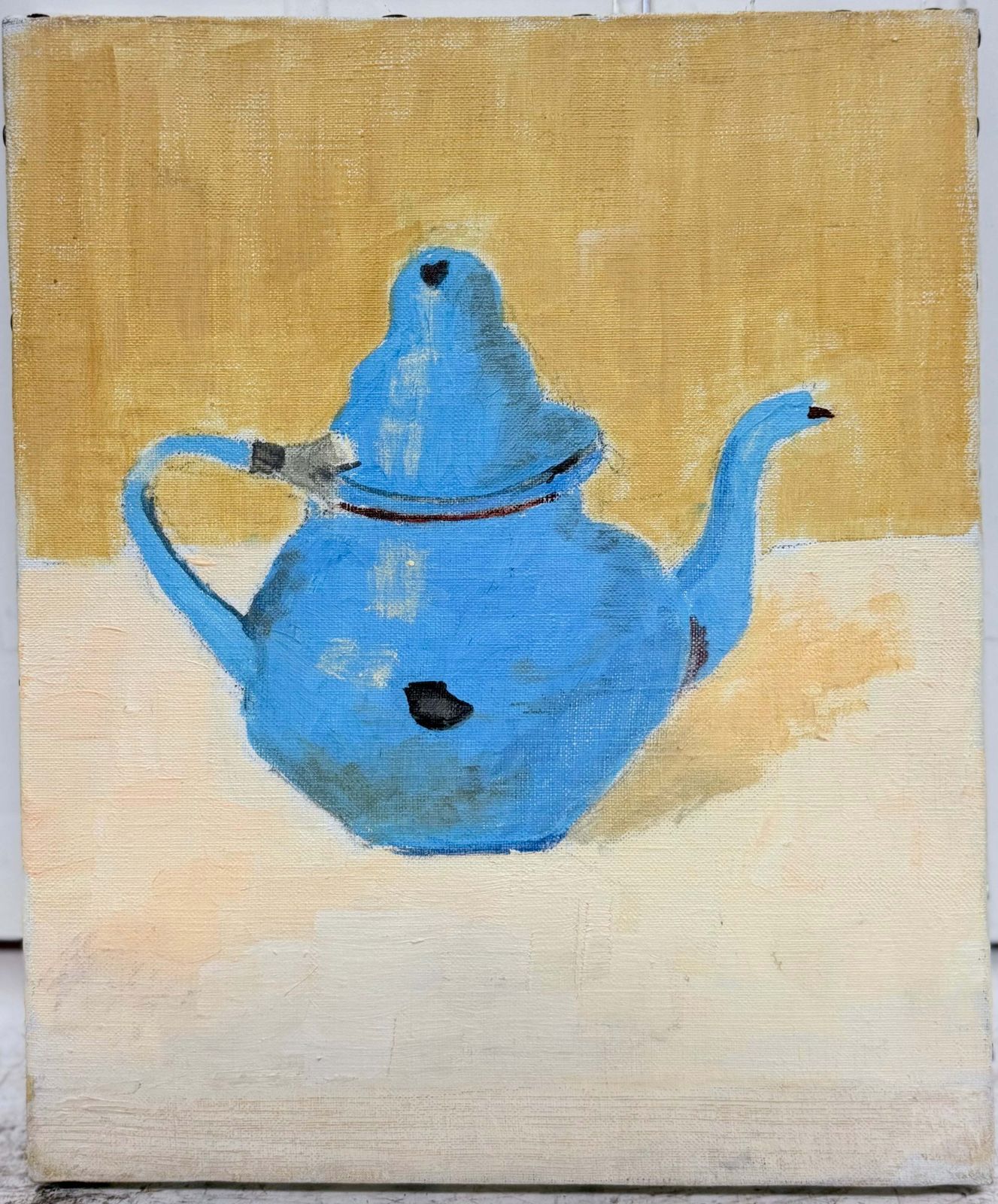 Blue Teapot In Yellow Still Life Interior French 20th.C Modernist Oil Painting photo furniture