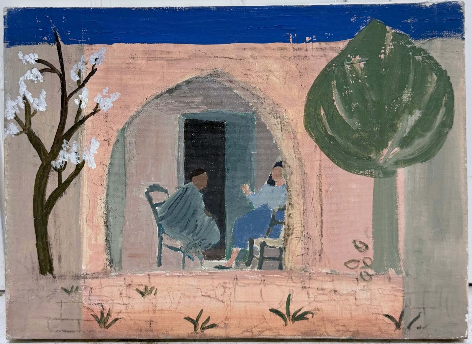 Personnages assis dans un jardin méditerranéen à arcades, peinture moderniste à l'huile, XXe siècle photo furniture