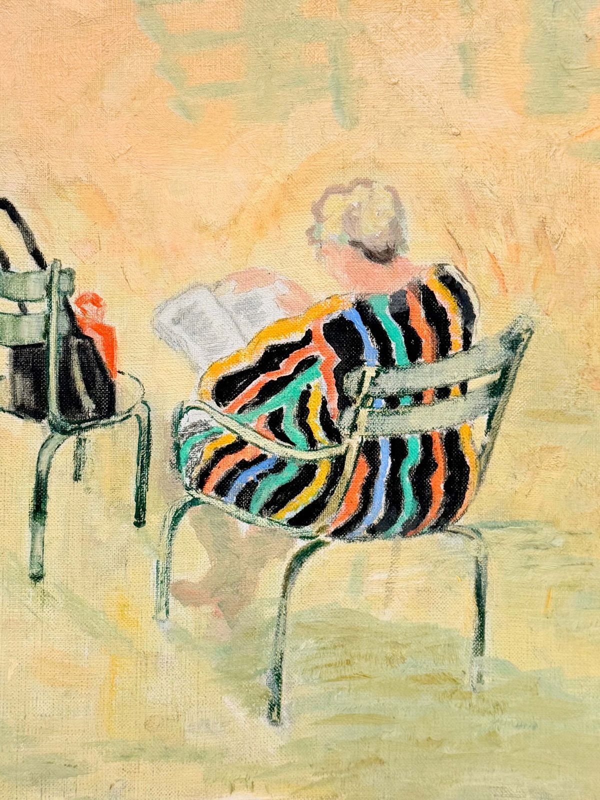 Woman Reading In A Parisian Park Striped Dress French Modernist 20th.C Painting photo 459.0