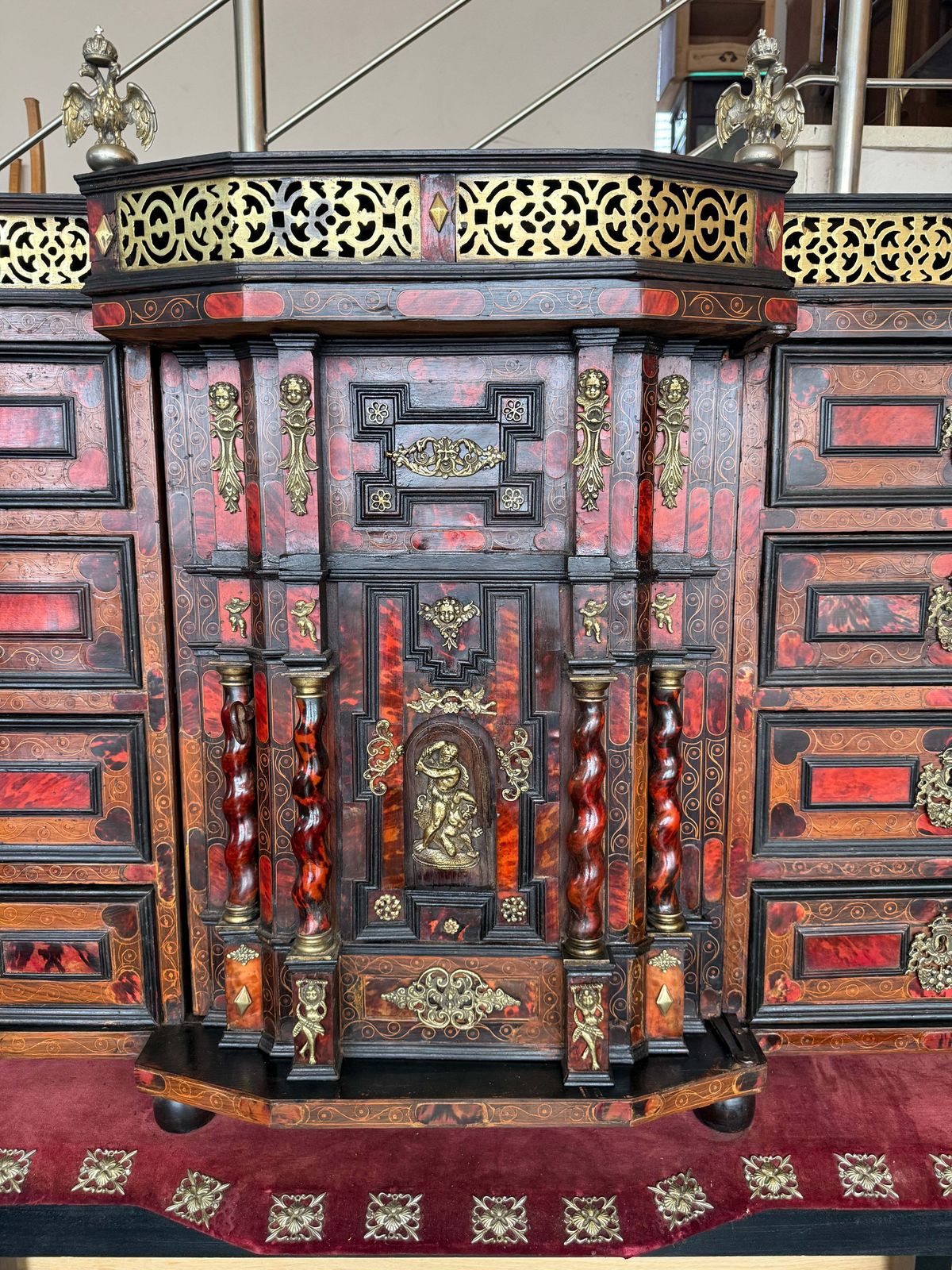 Italian Baroque Style Architectural Cabinet On Ebonized Barley Twist Stand photo vinterior