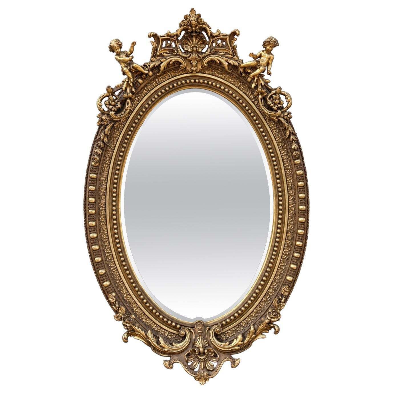 Baroque Revival French Giltwood Oval Mirror With Carved Cherubs, 92 Inches