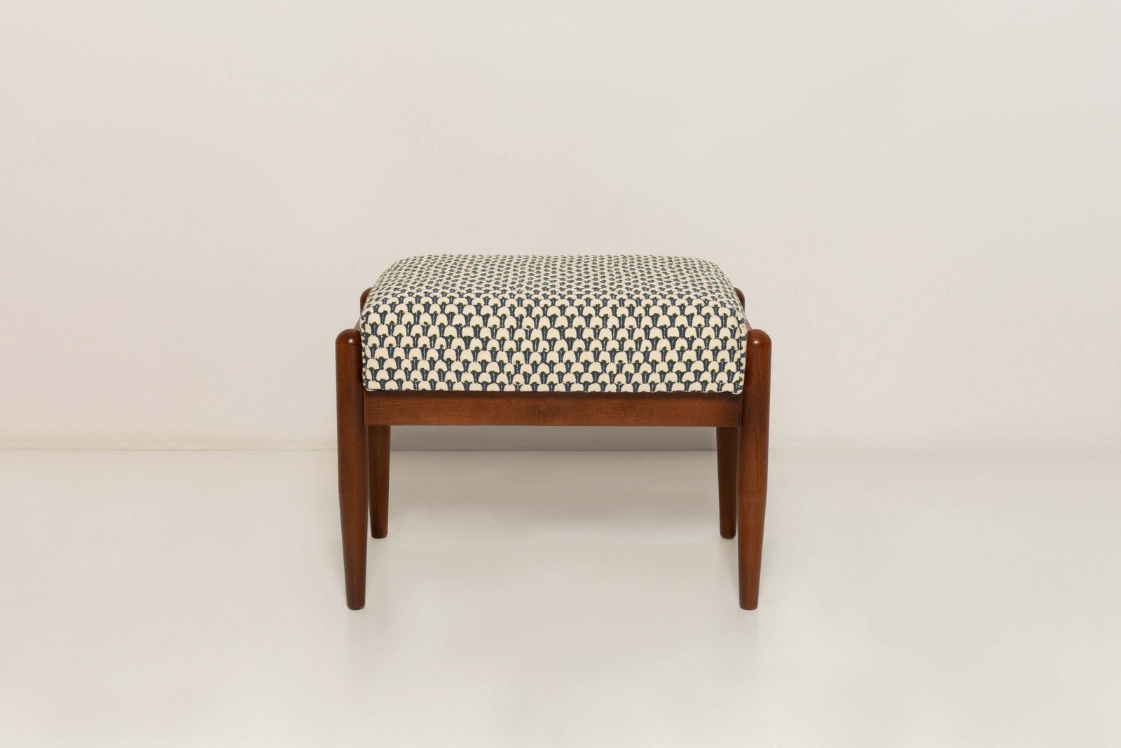 Pair Mid Century Gfm Stools In White And Blue Jacquard, E. Homa, Europe, 1960s photo Furniture