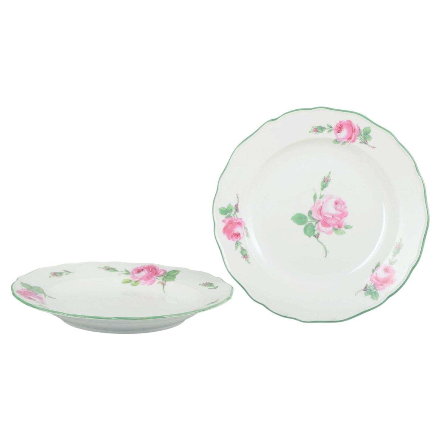 Meissen. Deux assiettes de table en porcelaine à décor de roses roses. Années 1930