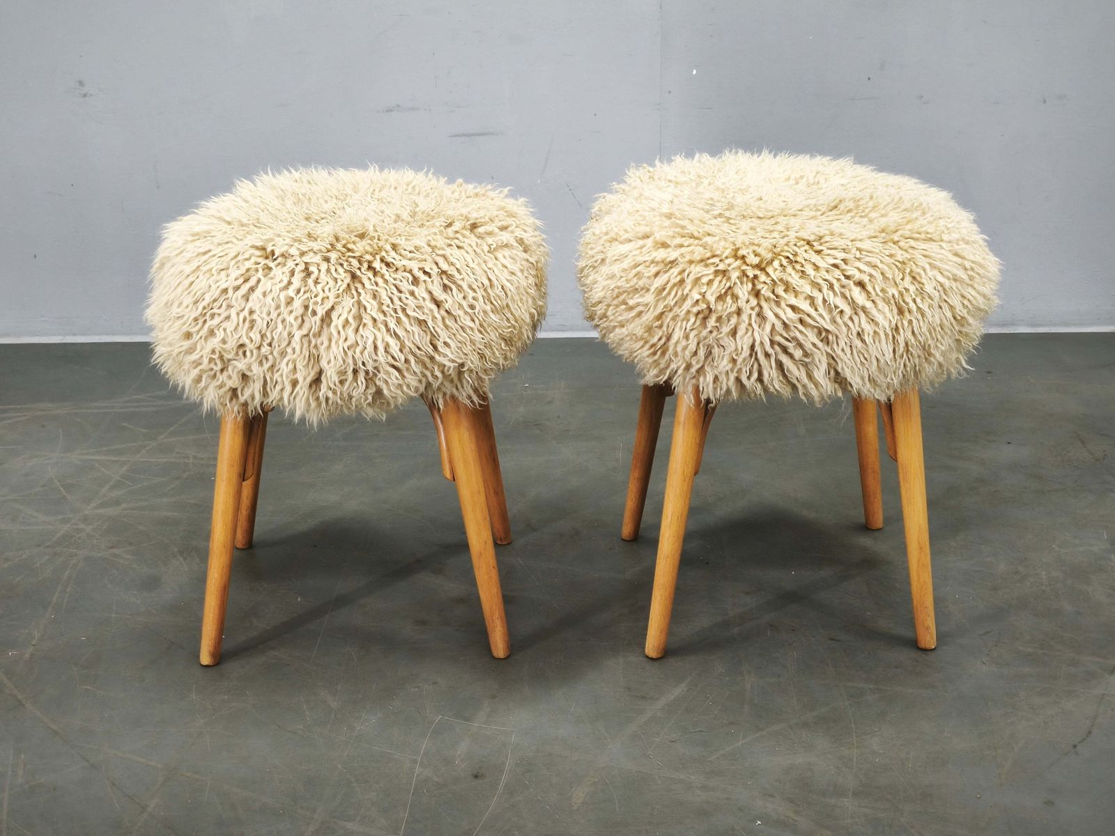 Pair Of Mid Century Sheepskin And Beechwood Stools, 1950s photo buy