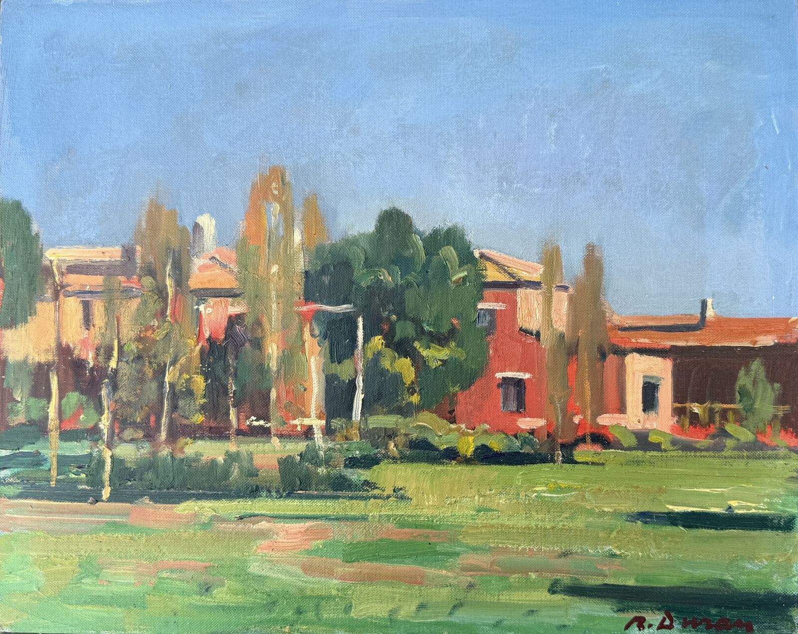 Rafael Duran Benet, Houses in Torcello, Venice, paysage italien post-impressionniste coloré, huile sur toile, 1985