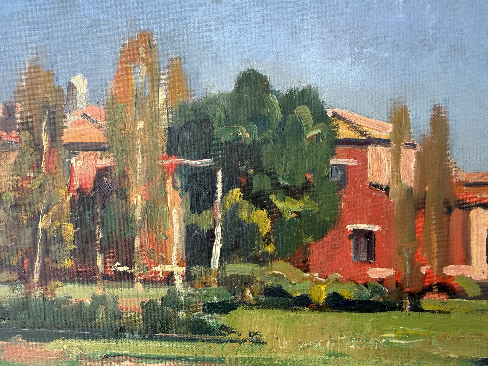 Rafael Duran Benet, Houses In Torcello, Venice, Colorful Italian Post Impressionist Landscape Oil 1985 photo buy