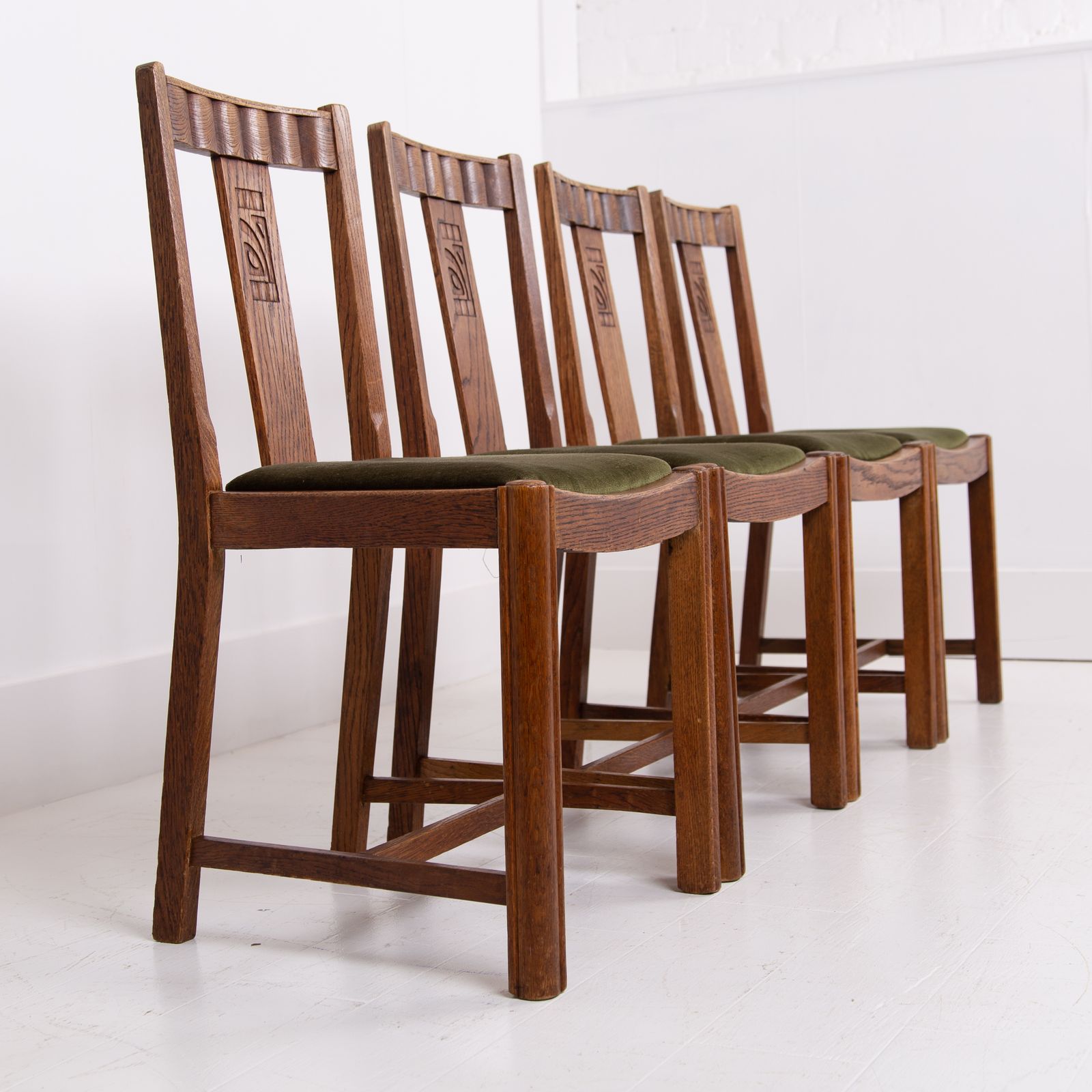 Art Deco Fine Set Of 4 English Oak Dining Chairs 1930s photo furniture