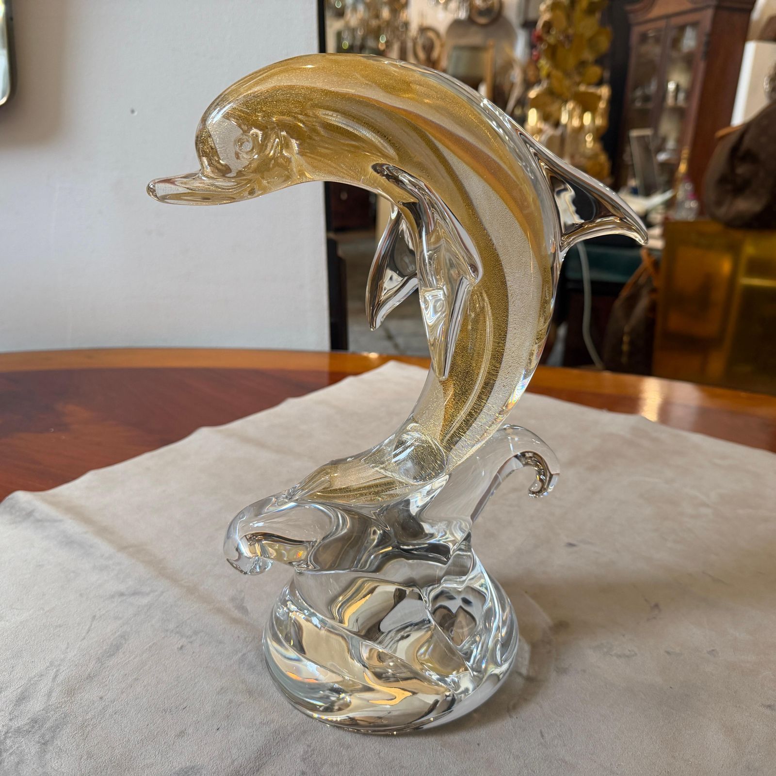988.0 1990s Barovier Style Modern White And Gold Murano Glass Dolphin photo