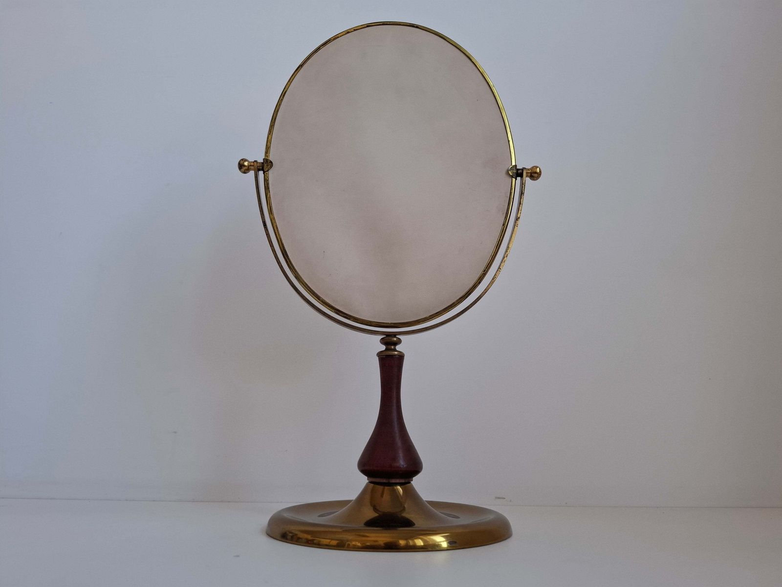 1960s Czechoslovakian Mid Century Brass And Wood Swivel Table Mirror photo vintage