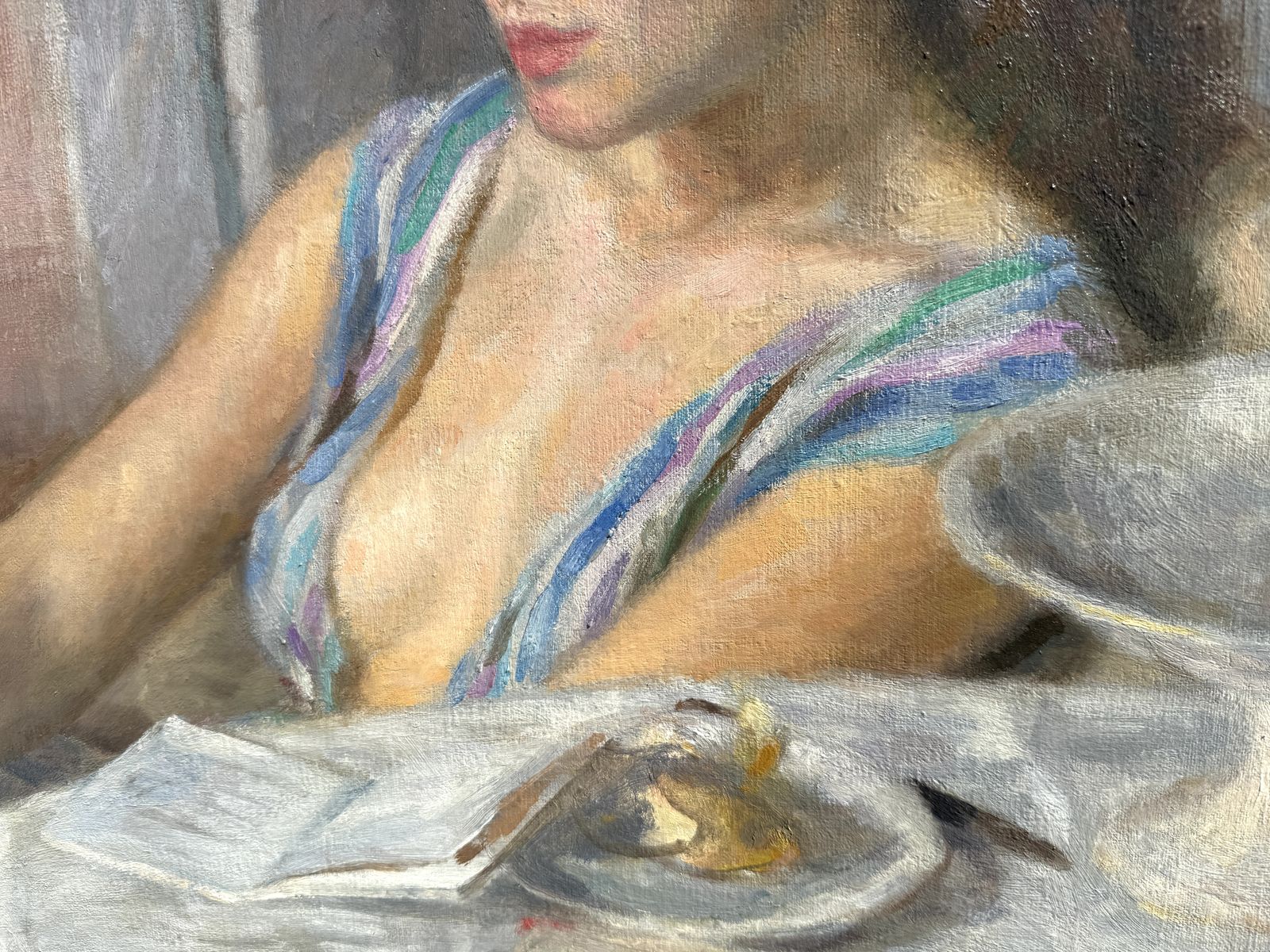 Ramon Pichot I Soler Original Spanish Post Impressionist Woman Reading At Breakfast Oil Painting XX 1970s photo 3450.0