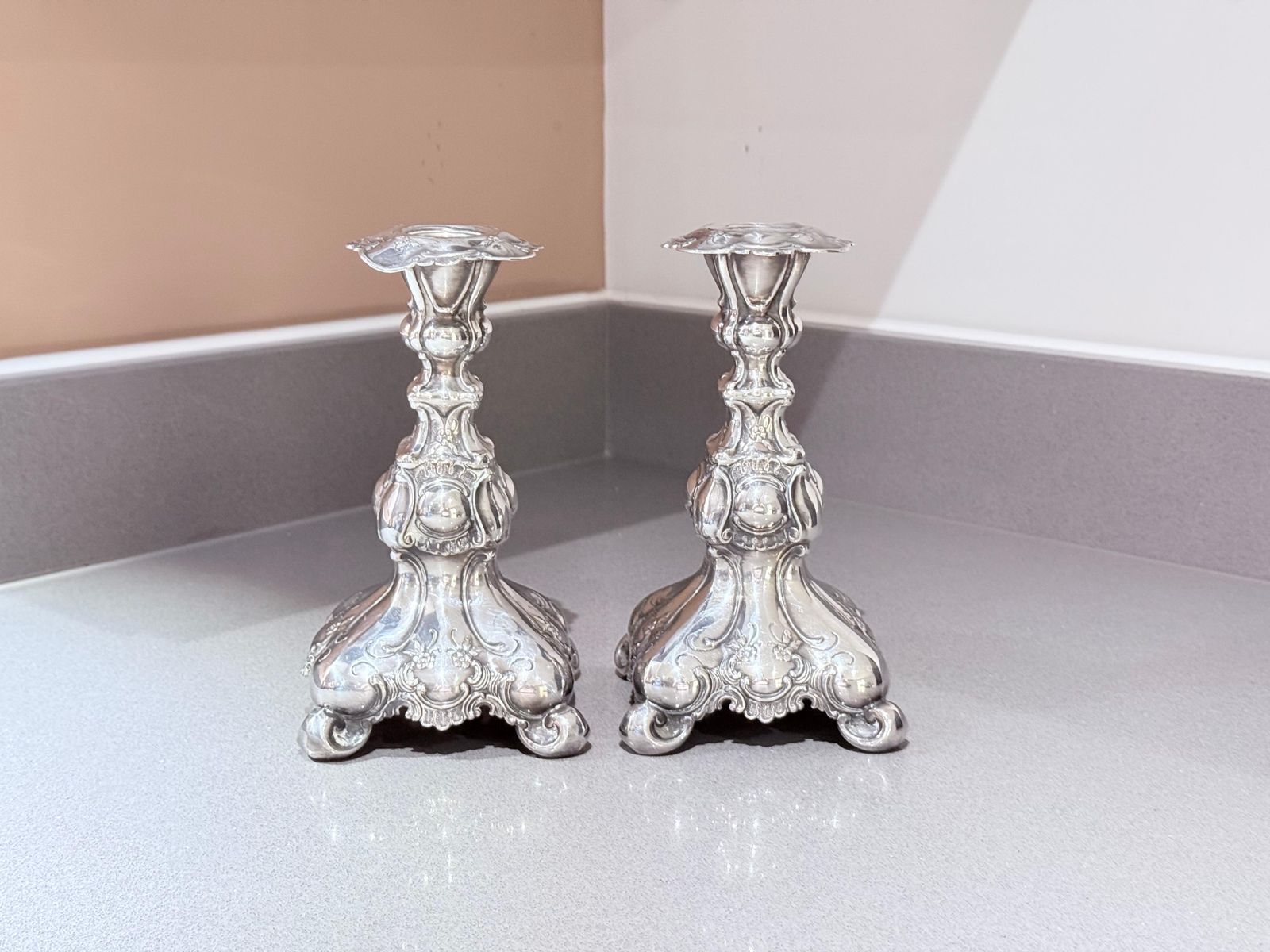 Antique Pair Of Candle Holder Silver Rococo Style Candlesticks, 1900s Home Decor