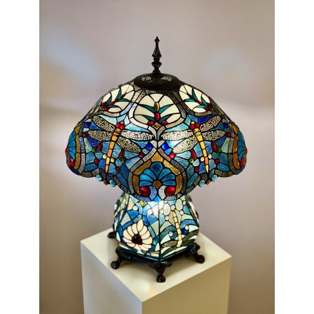 Tiffany Style Table Lamp – “The Queen” Blue Dragonfly – Stained Glass Art Nouveau Lamp photo Lighting