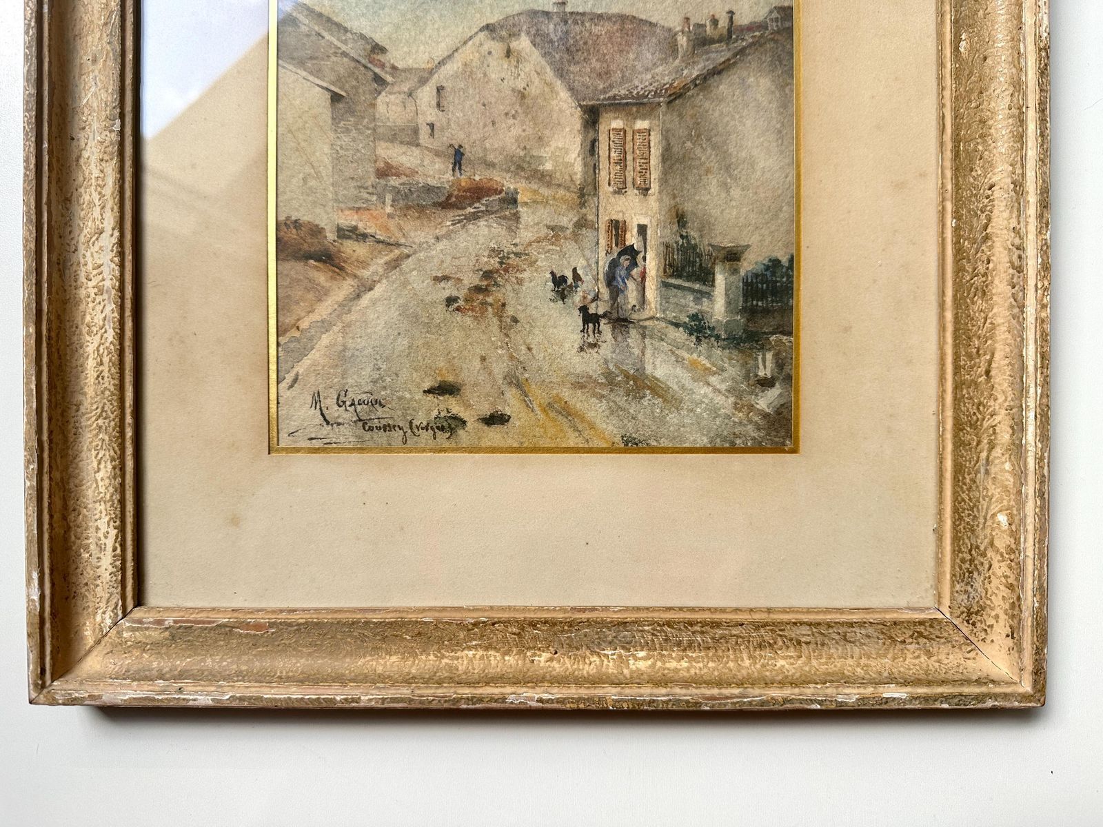 Antieke aquarel van een Frans dorp, jaren 1910, gesigneerd, steegscène photo vinterior