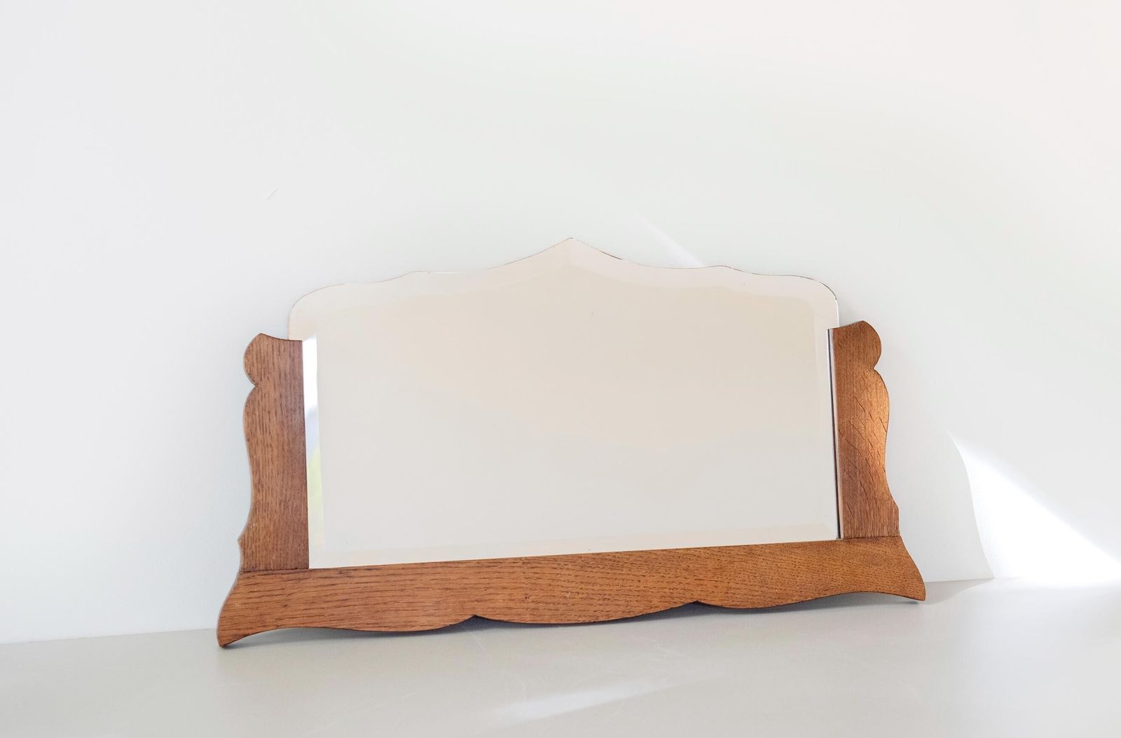 197.0 Antique Art Deco Frameless Wall Mirror   Dutch Beveled Glass Mirror   Scalloped Oak Frame photo