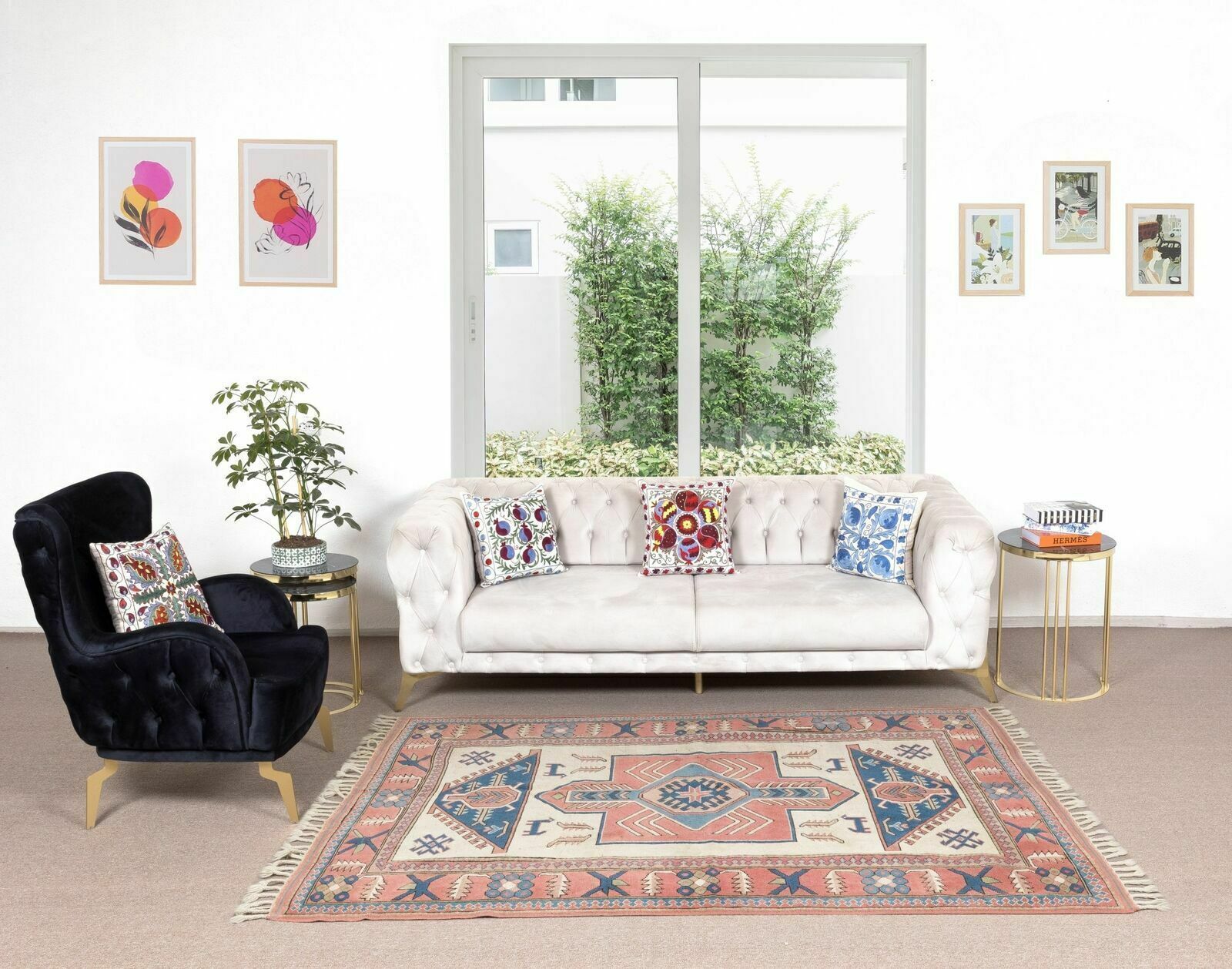 181x245 cm Vintage Handgeknoopt Turks Geometrisch Wollen Vloerkleed in Koraal, Ivoor en Blauw photo furniture
