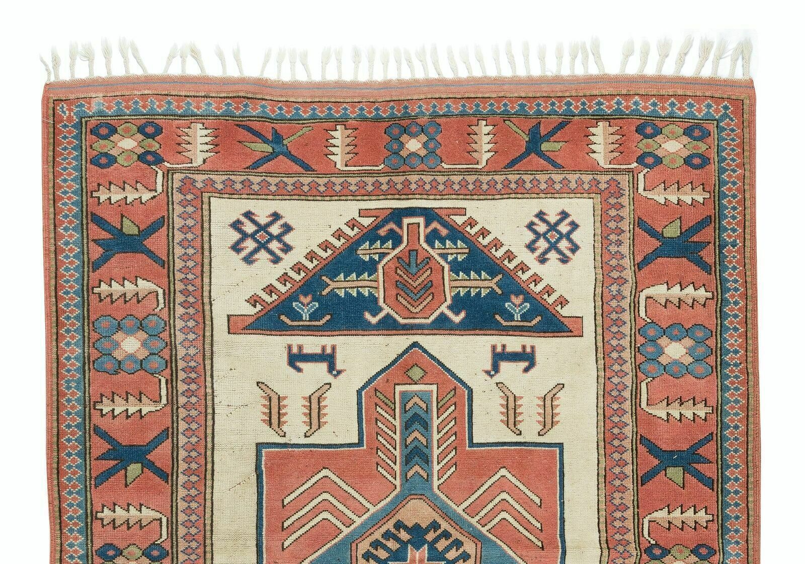 181x245 Cm Vintage Hand Knotted Turkish Geometric Wool Rug In Coral, Ivory And Blue photo Textiles