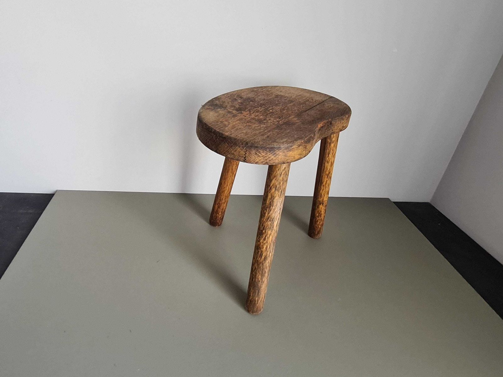 French Vintage Wooden Tripod Stool Rustic Milking Stool Wabi Sabi photo for sale