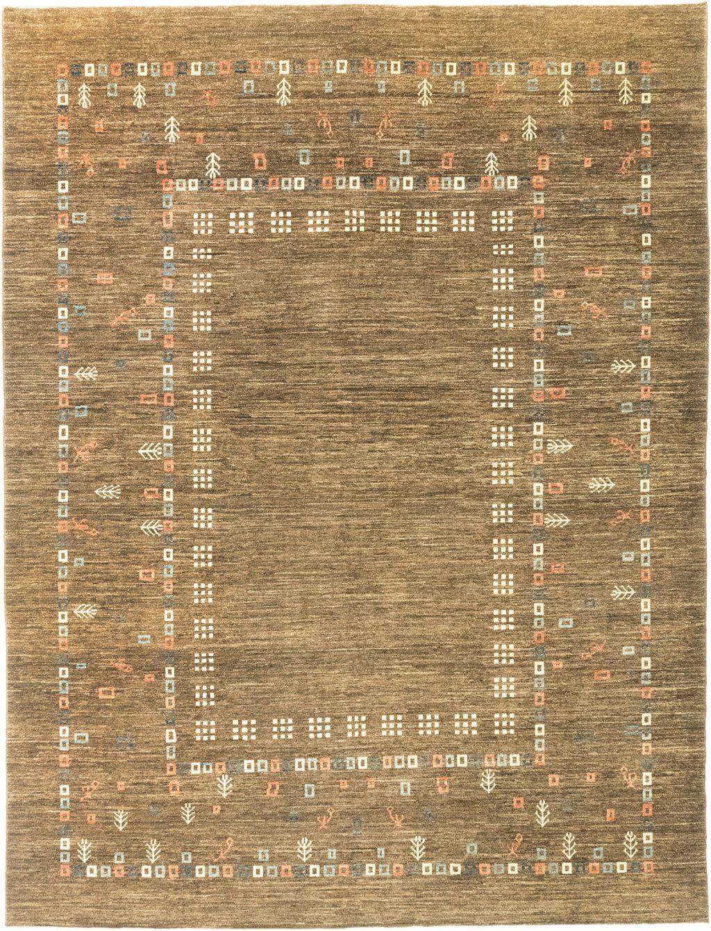 Vintage Afghaans Gabbeh vloerkleed, bruin, 361 × 277 cm, ca. jaren 1980