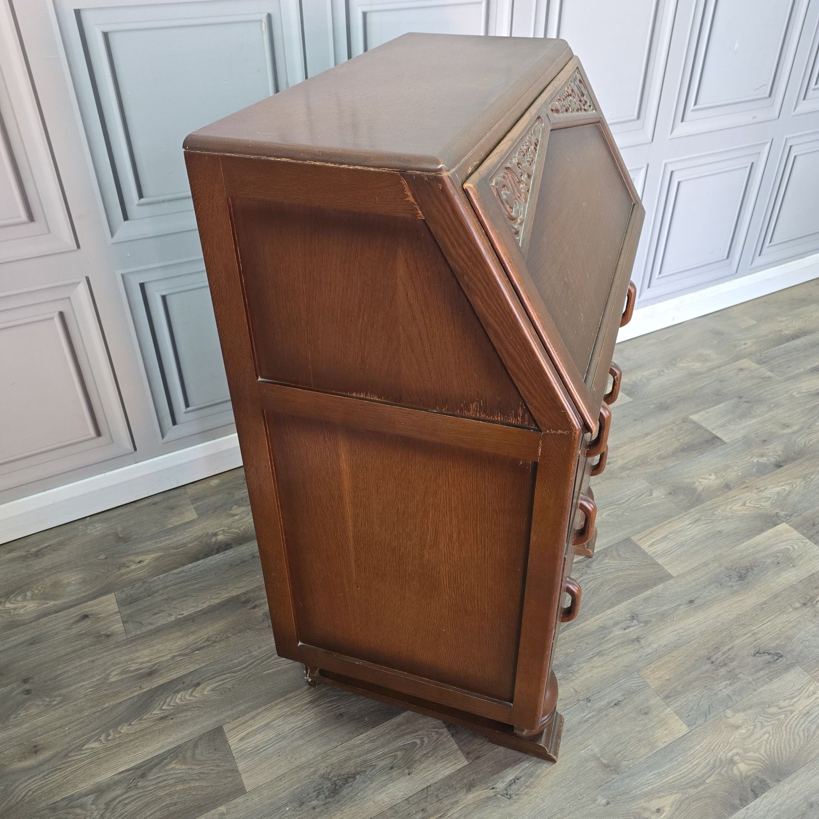 Vintage Jentique Writing Bureau Oak 3 Drawer Chest Fall Front Desk Retro Wood photo Furniture
