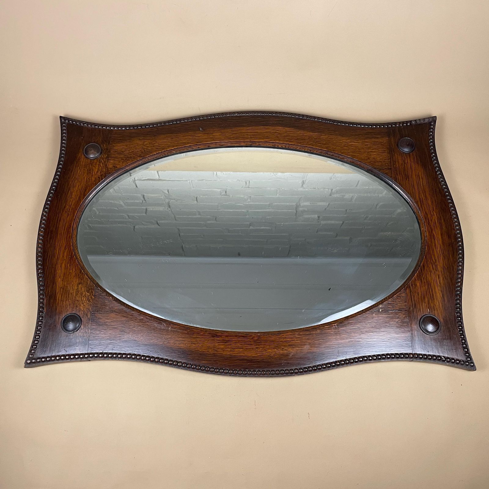 Antique Oak Wall Mirror, Oval Bevelled Glass, Edwardian Beaded Frame, Large Horizontal Overmantle, English Country House Decor