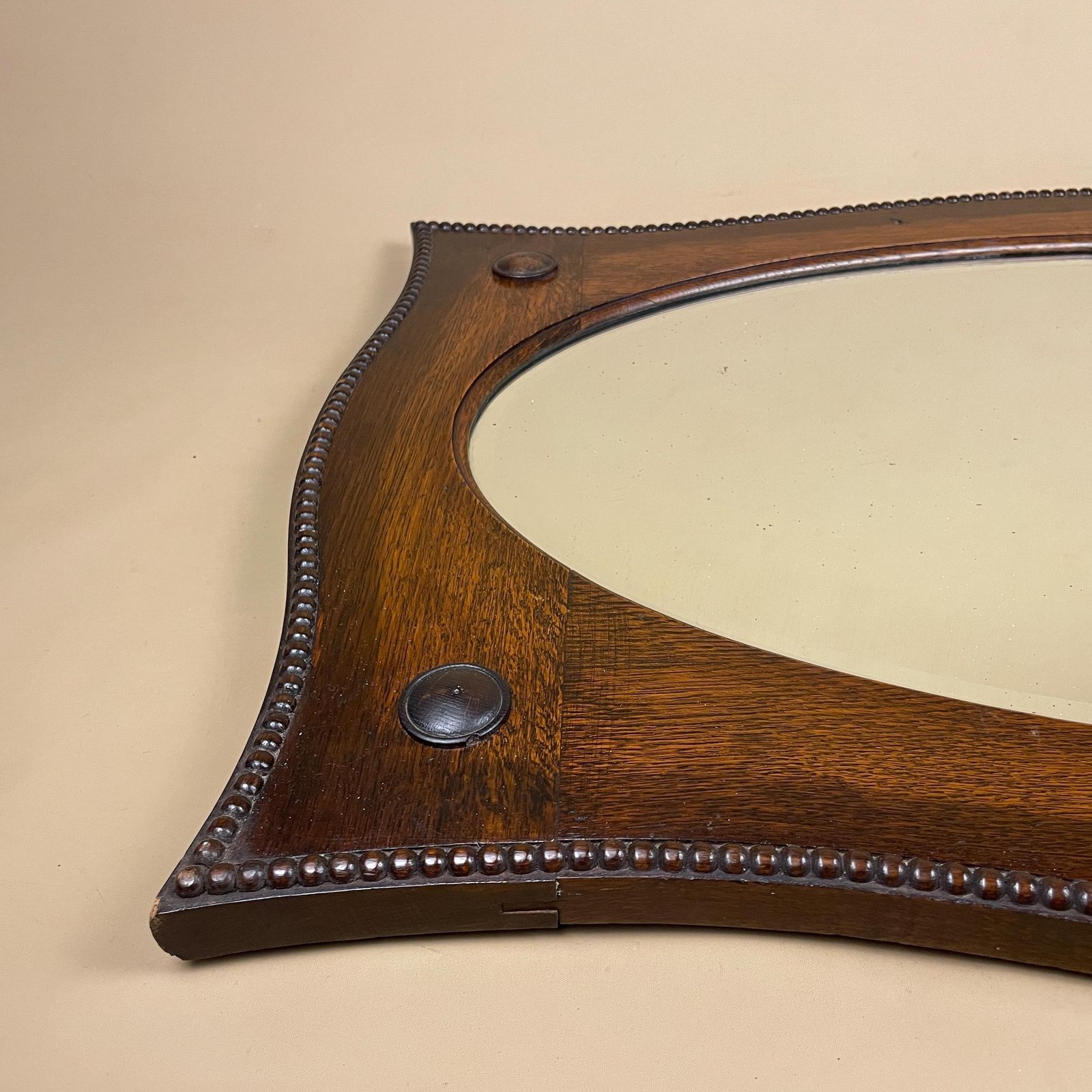 Antique Oak Wall Mirror, Oval Bevelled Glass, Edwardian Beaded Frame, Large Horizontal Overmantle, English Country House Decor photo for sale