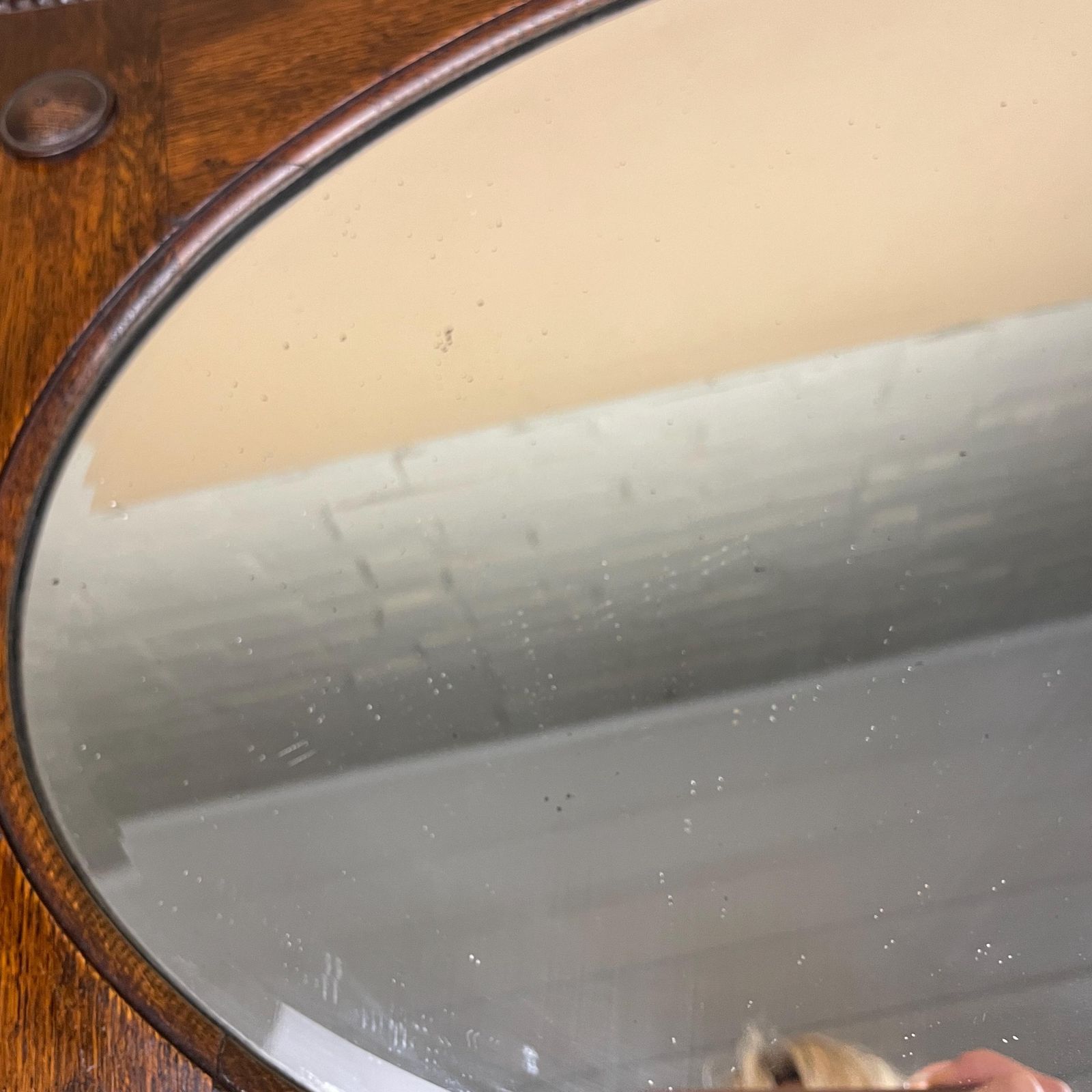 Antique Oak Wall Mirror, Oval Bevelled Glass, Edwardian Beaded Frame, Large Horizontal Overmantle, English Country House Decor photo vintage
