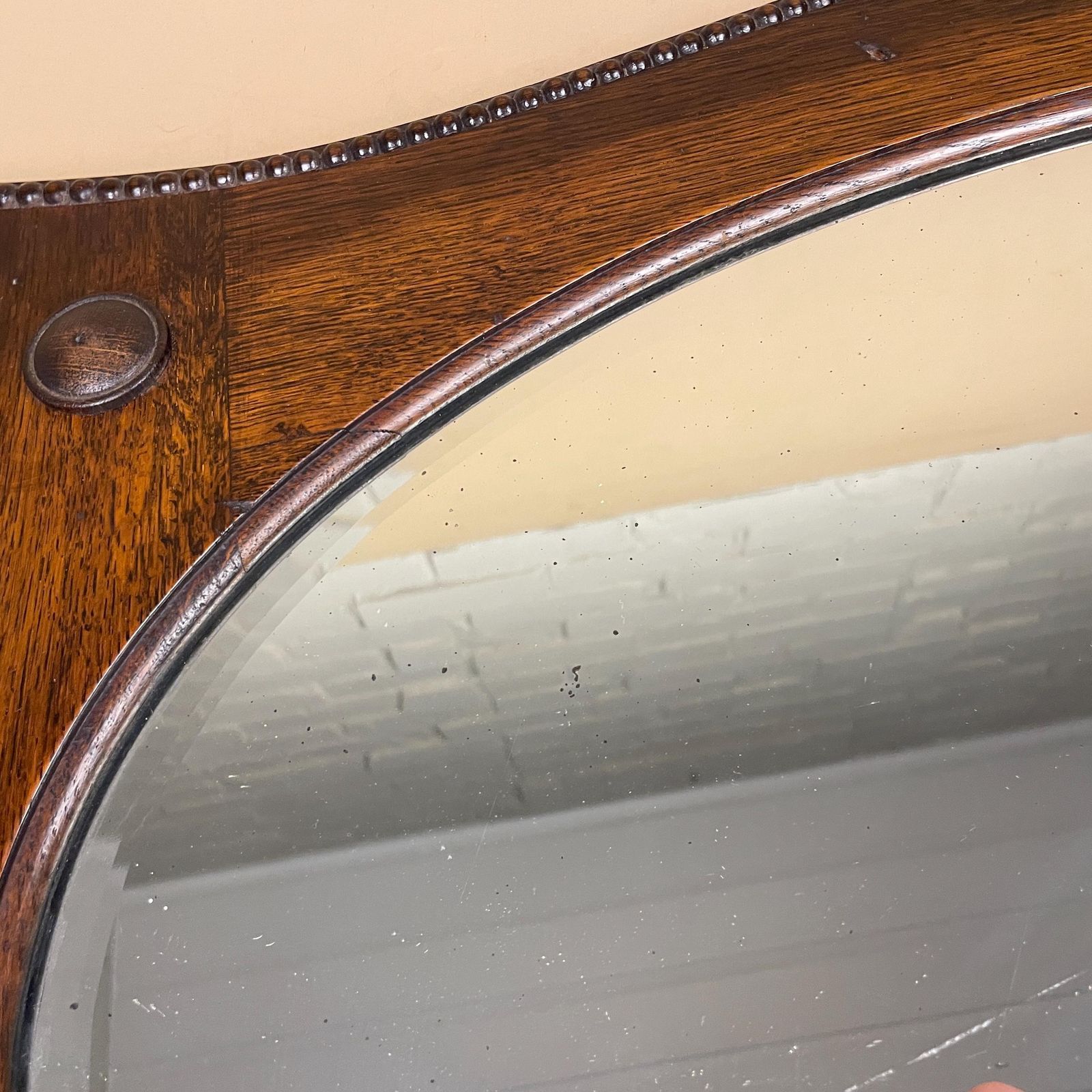 photo furniture Antique Oak Wall Mirror, Oval Bevelled Glass, Edwardian Beaded Frame, Large Horizontal Overmantle, English Country House Decor