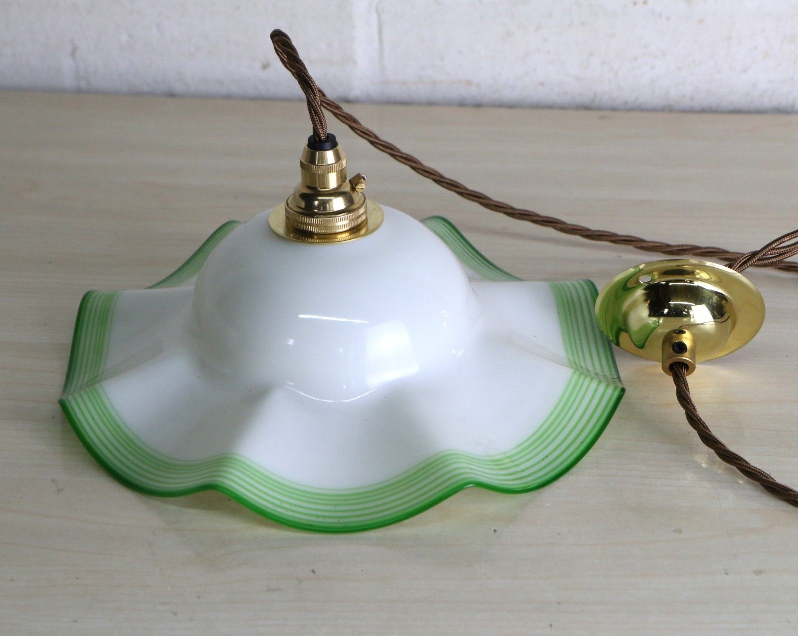 Vintage Ceiling Light Small Edwardian Milk Glass Pendant Lined Lime Green Rim