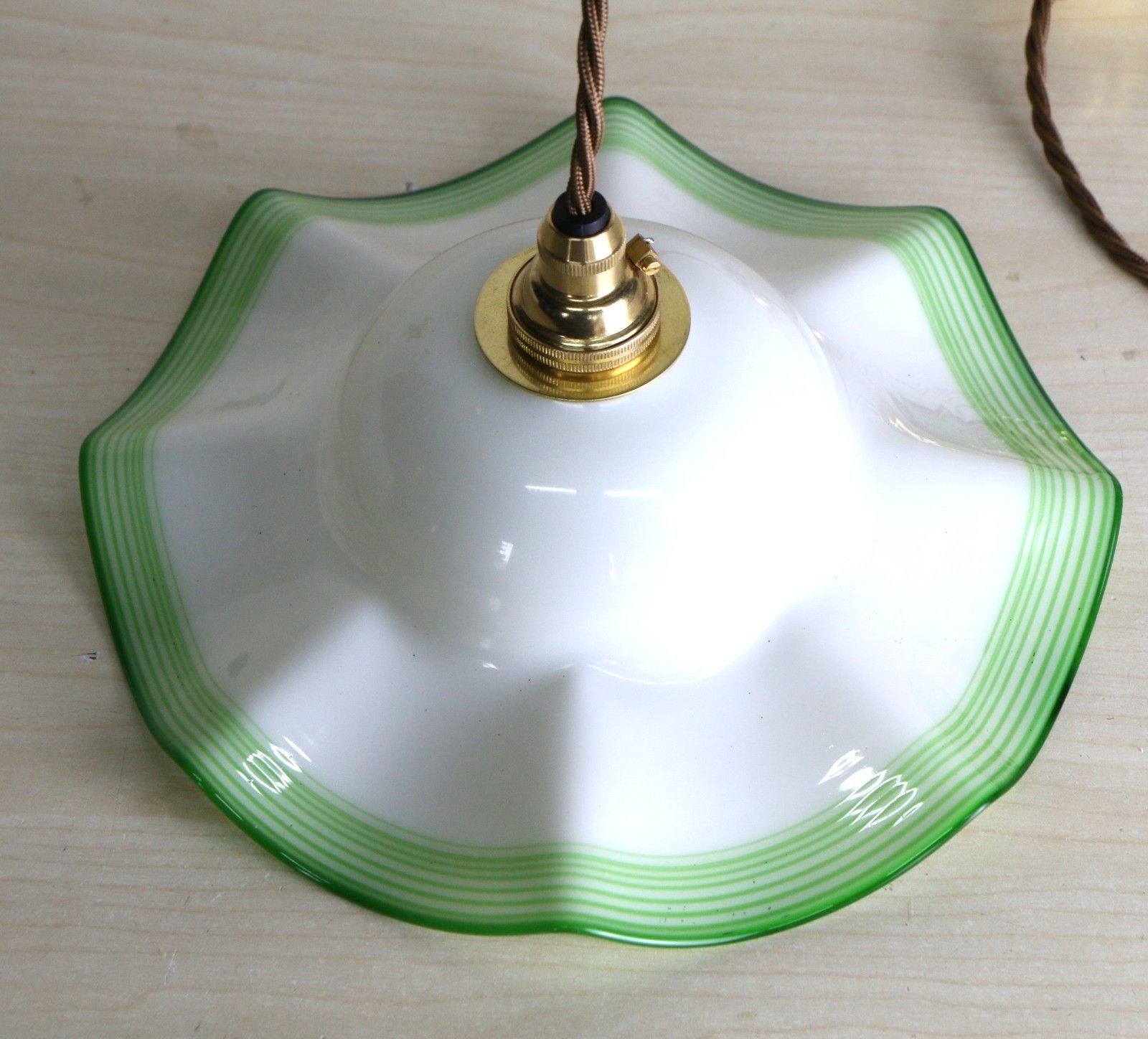 Vintage Ceiling Light Small Edwardian Milk Glass Pendant Lined Lime Green Rim photo for sale