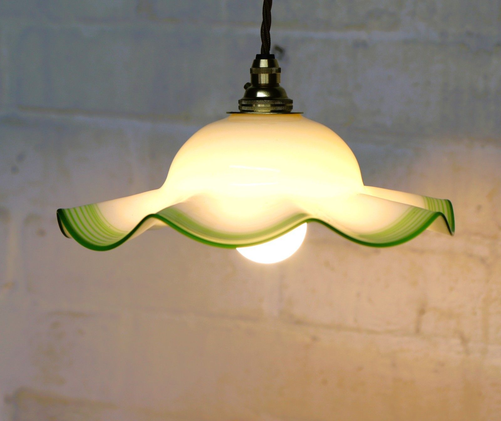 Vintage Ceiling Light Small Edwardian Milk Glass Pendant Lined Lime Green Rim photo 88.0
