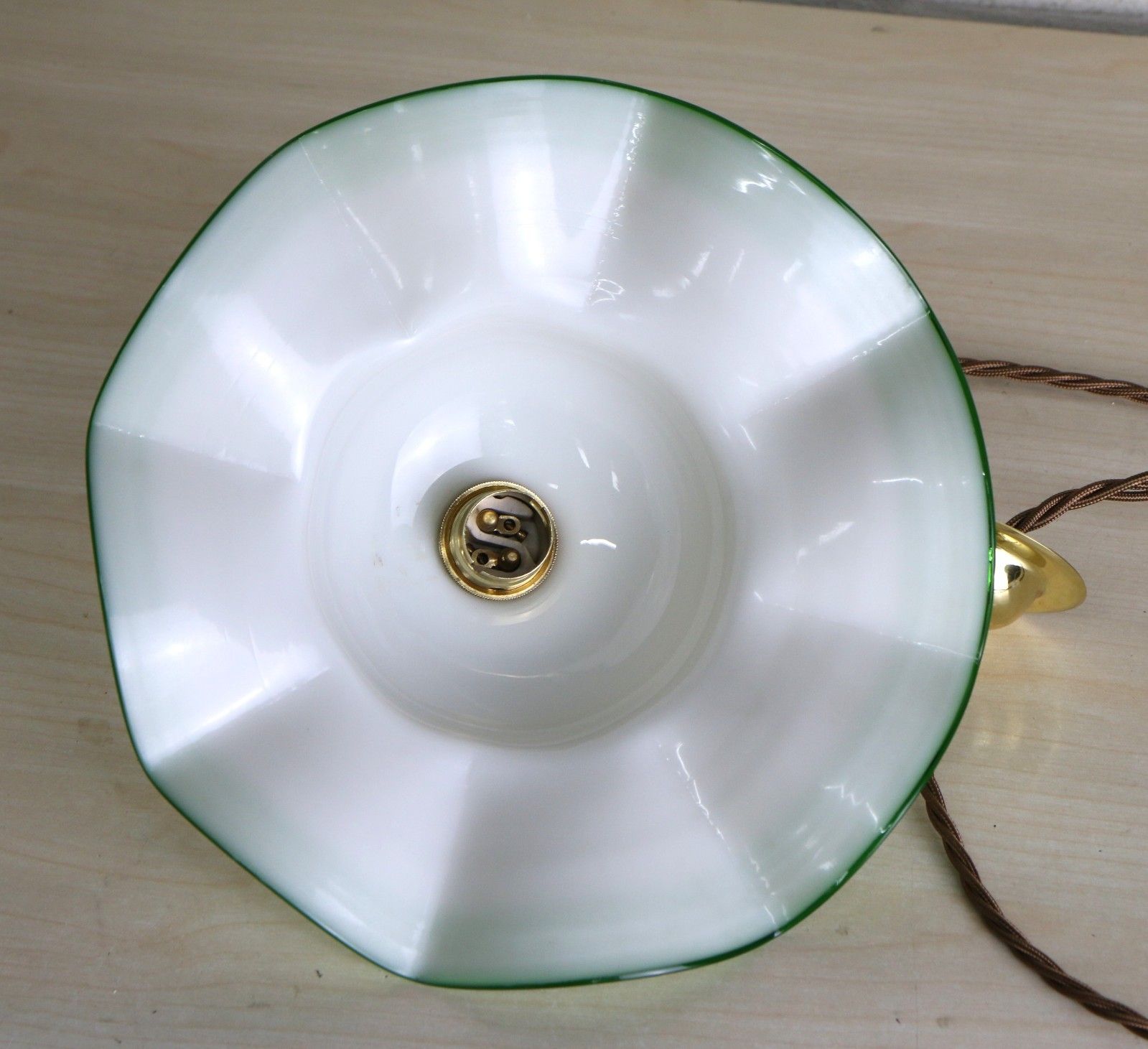 photo for sale Vintage Ceiling Light Small Edwardian Milk Glass Pendant Lined Lime Green Rim