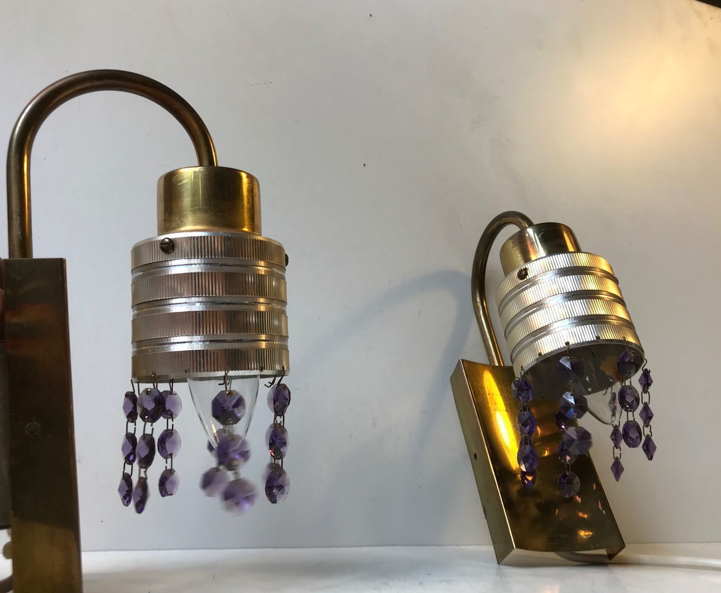 Scandinavian Brass & Crystal Modern Prism Wall Lights, 1960s, Set Of 2 photo for sale