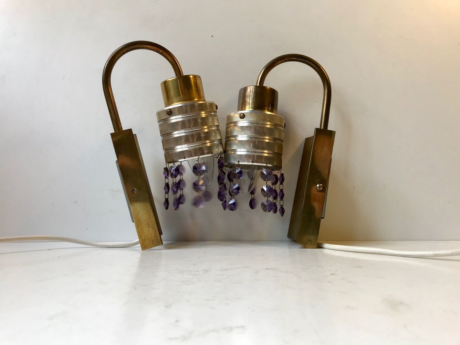 Scandinavian Brass & Crystal Modern Prism Wall Lights, 1960s, Set Of 2 photo Lighting