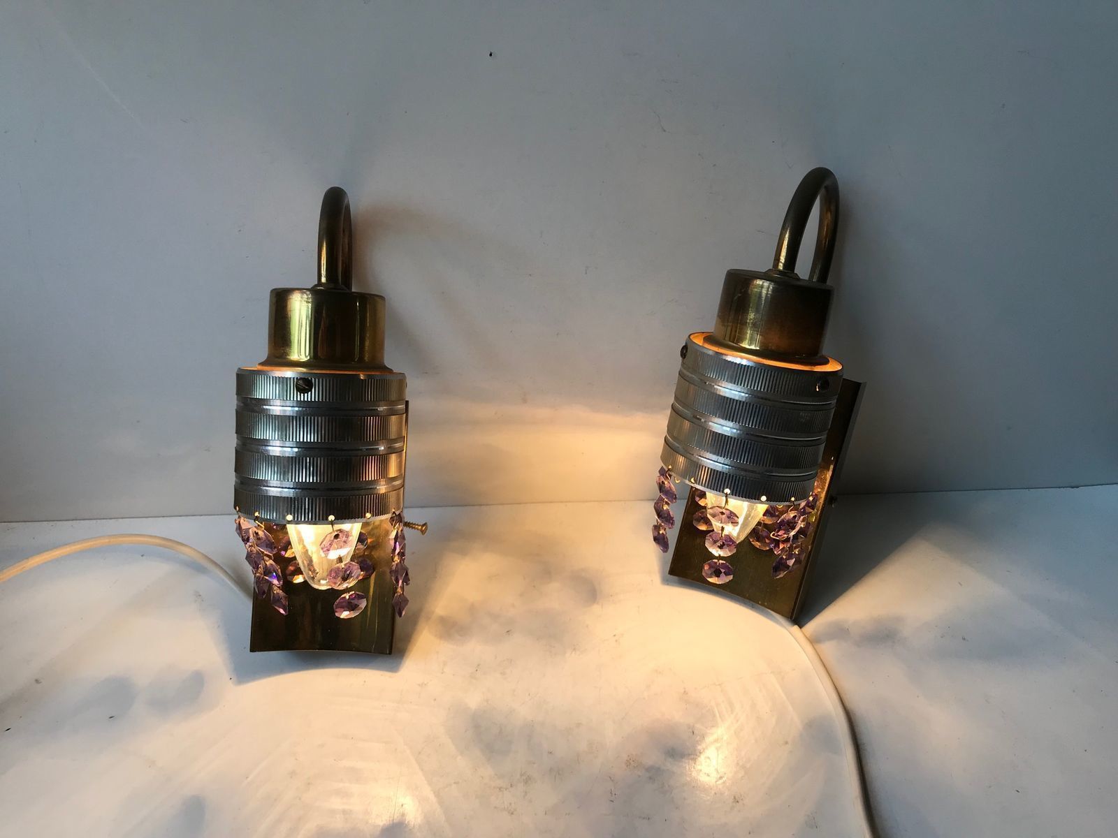 Scandinavian Brass & Crystal Modern Prism Wall Lights, 1960s, Set Of 2 photo 481.0