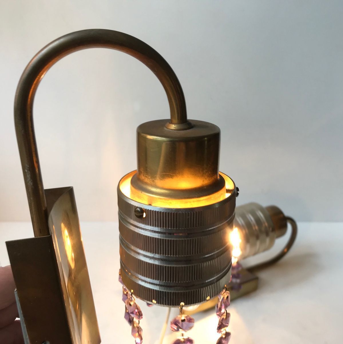 Scandinavian Brass & Crystal Modern Prism Wall Lights, 1960s, Set Of 2 photo vinterior
