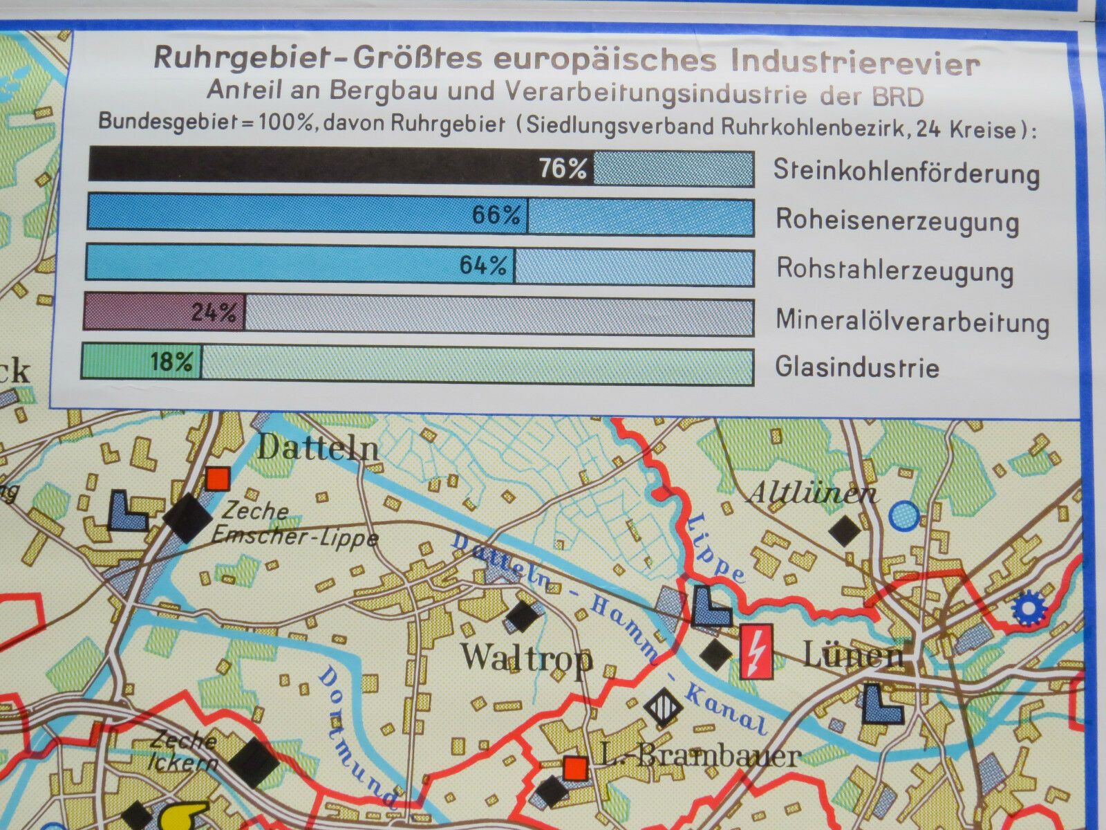 Vintage Pull Roll Down School Map Of Rhine Westpahlia Industrial Area Germany photo vinterior