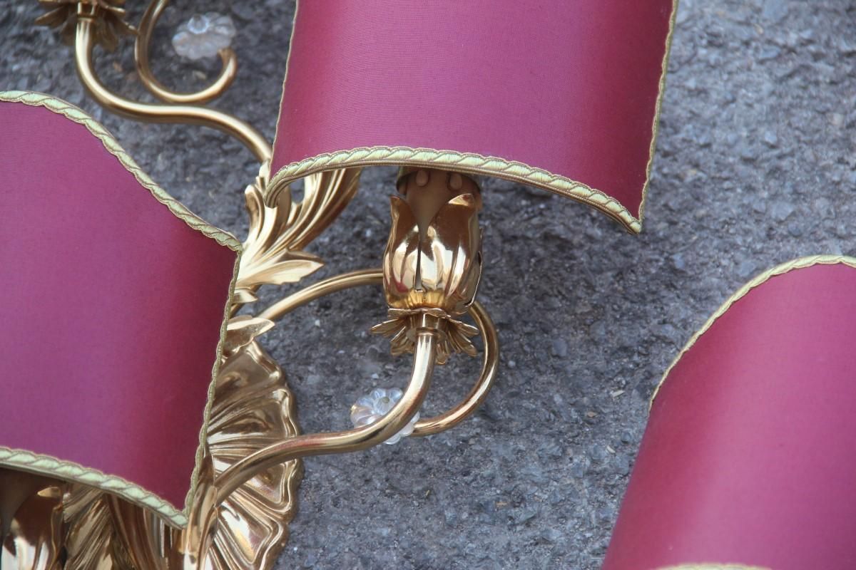 Sconce In Golden Brass With Flower Leaves And Gold And Bordeaux Crystals, 1970 photo vintage