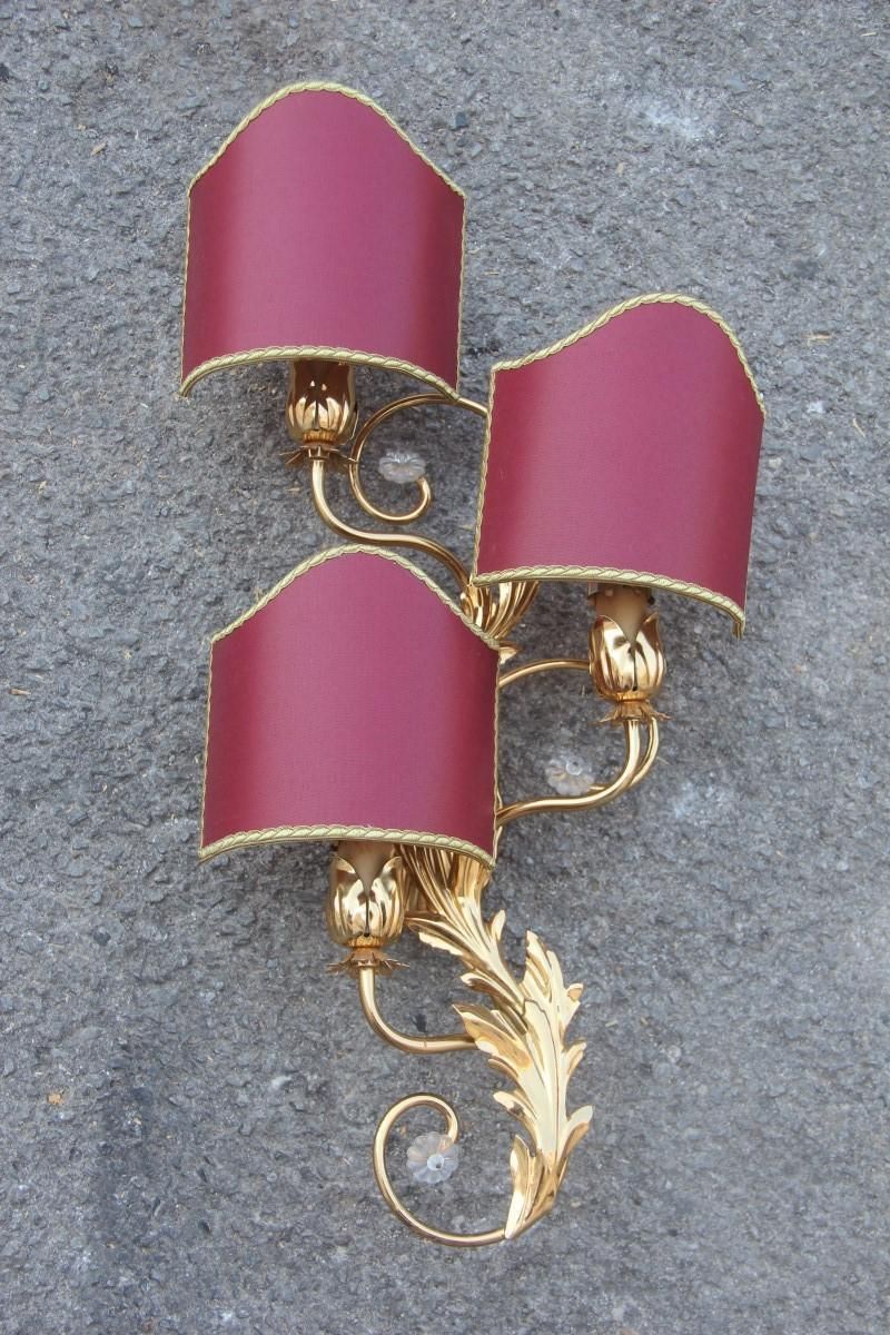 photo for sale Sconce In Golden Brass With Flower Leaves And Gold And Bordeaux Crystals, 1970