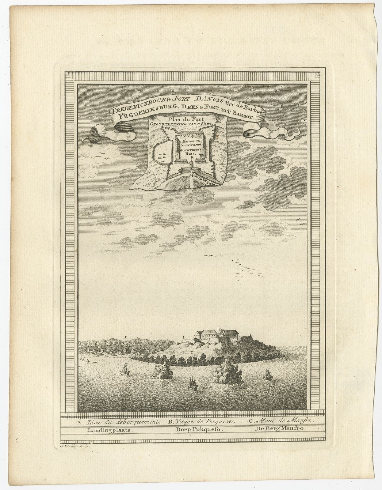 Antique Print Of Fort 'Groot Frederiksburg' By Van Schley (C.1750)