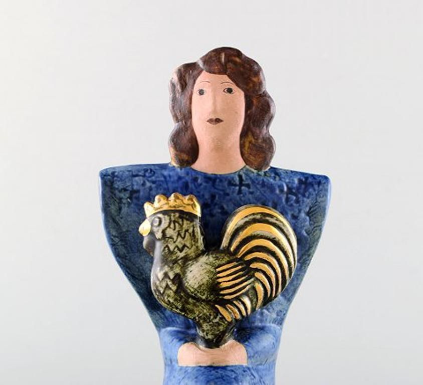 Very Rare Lisa Larson Unique Figure Of Sitting Woman In Blue With Golden Rooster photo 1470.0
