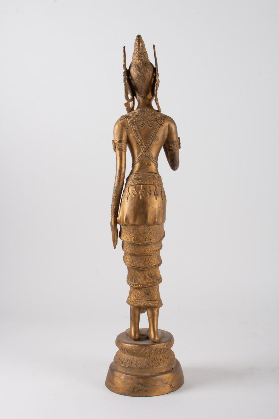Indonesian Goddess In Gilded Metal Holding A Lotus Flower, 1920 1940 photo vintage
