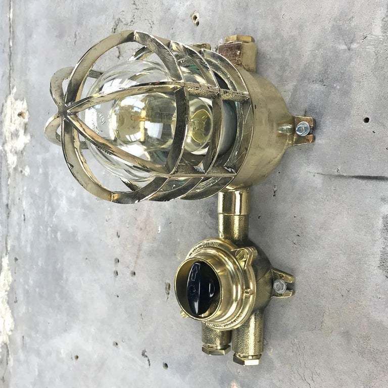 Garden Lighting Vintage Industrial 1970s German Explosion Proof Wall Light   Cast Brass, Glass Shade & Rotary Switch photo