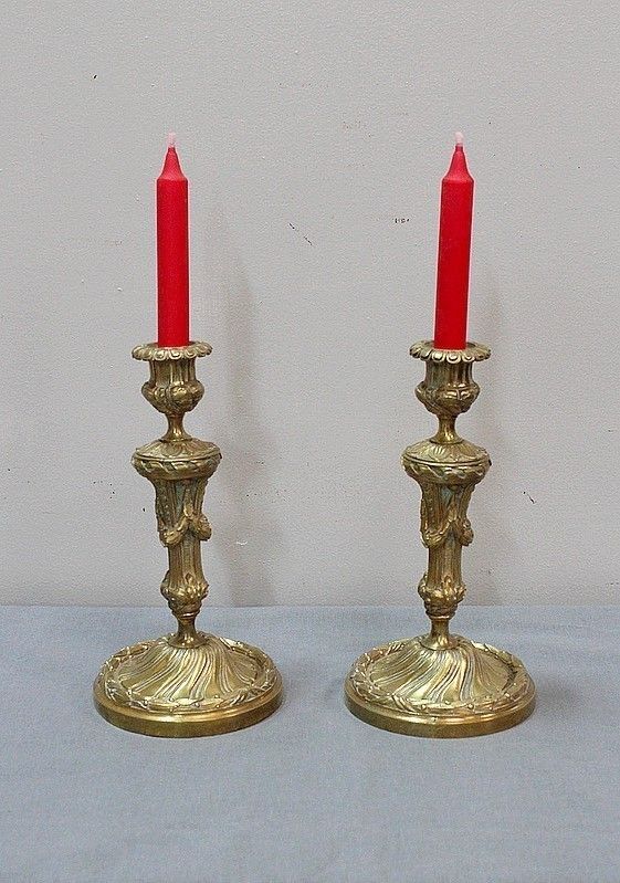 Pair Of Golden Bronze Flambeaux, Louis XVI Style , Nineteenth