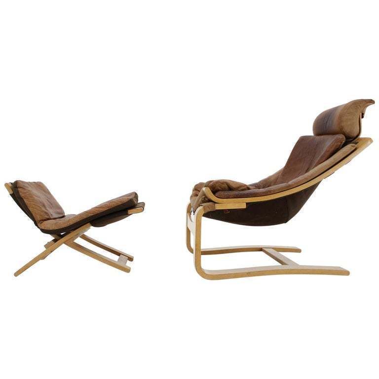 Kroken Leather Lounge Chair And Stool By Ake Fribytter For Nelo, Sweden, 1970s.