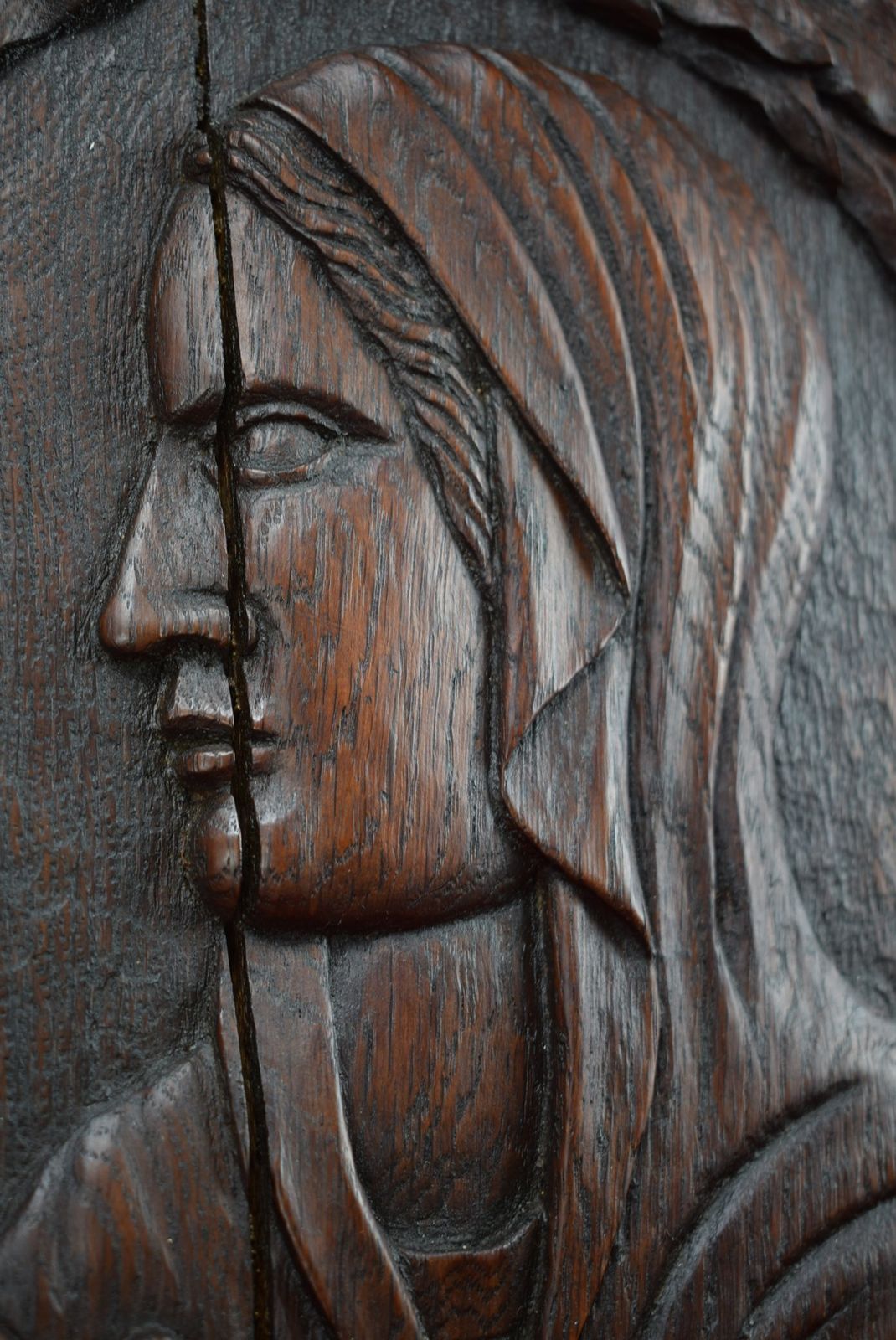 17th.C Virgin Mary Wood Carving Door photo vintage