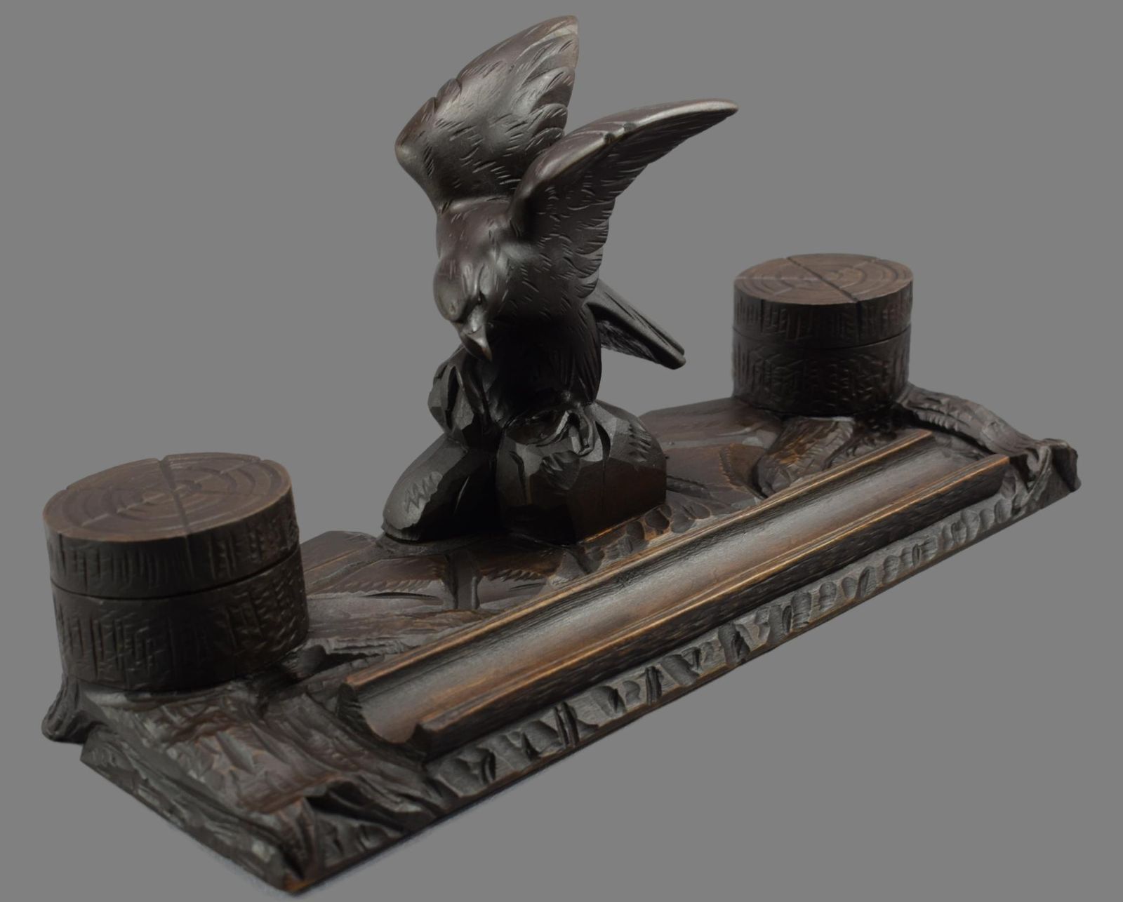 Black Forest Hand Carved Wood Eagle Double Inkwell Ink Stand photo furniture